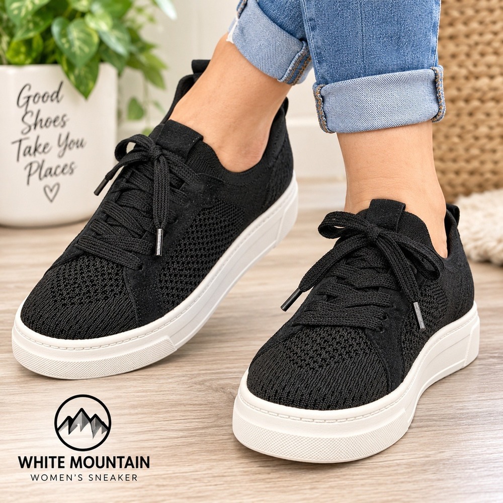 White Mountain Womens Knit Lace Up Sneakers Black White Sole Size 8